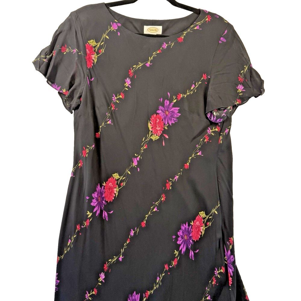 Talbots Women's Dress 18 Black Floral Flutter Shirt Sleeves Lined Slimming Fairy